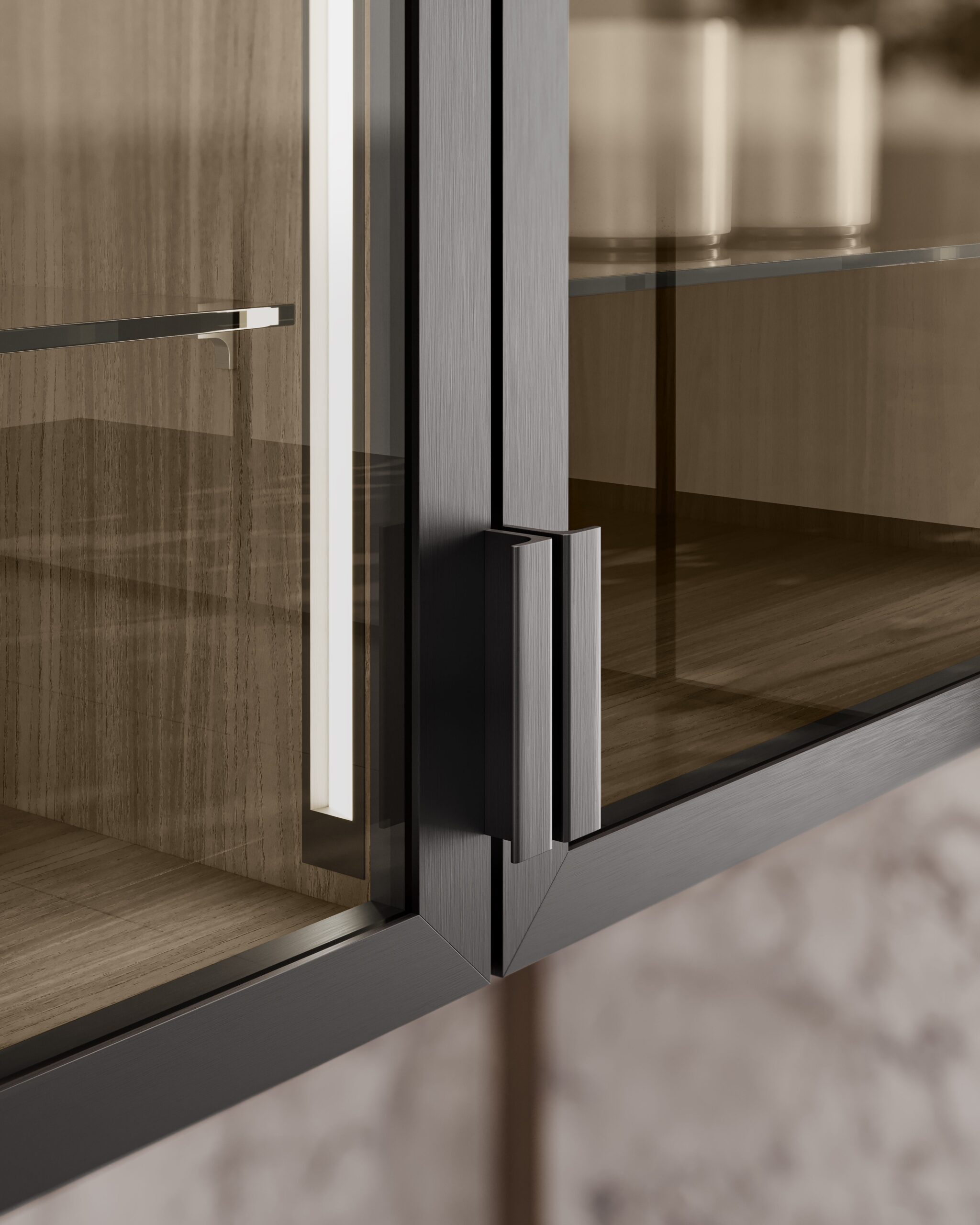 Glasrahmenschrank mit Aluminiumrahmen und Glasfront in moderner Designküche