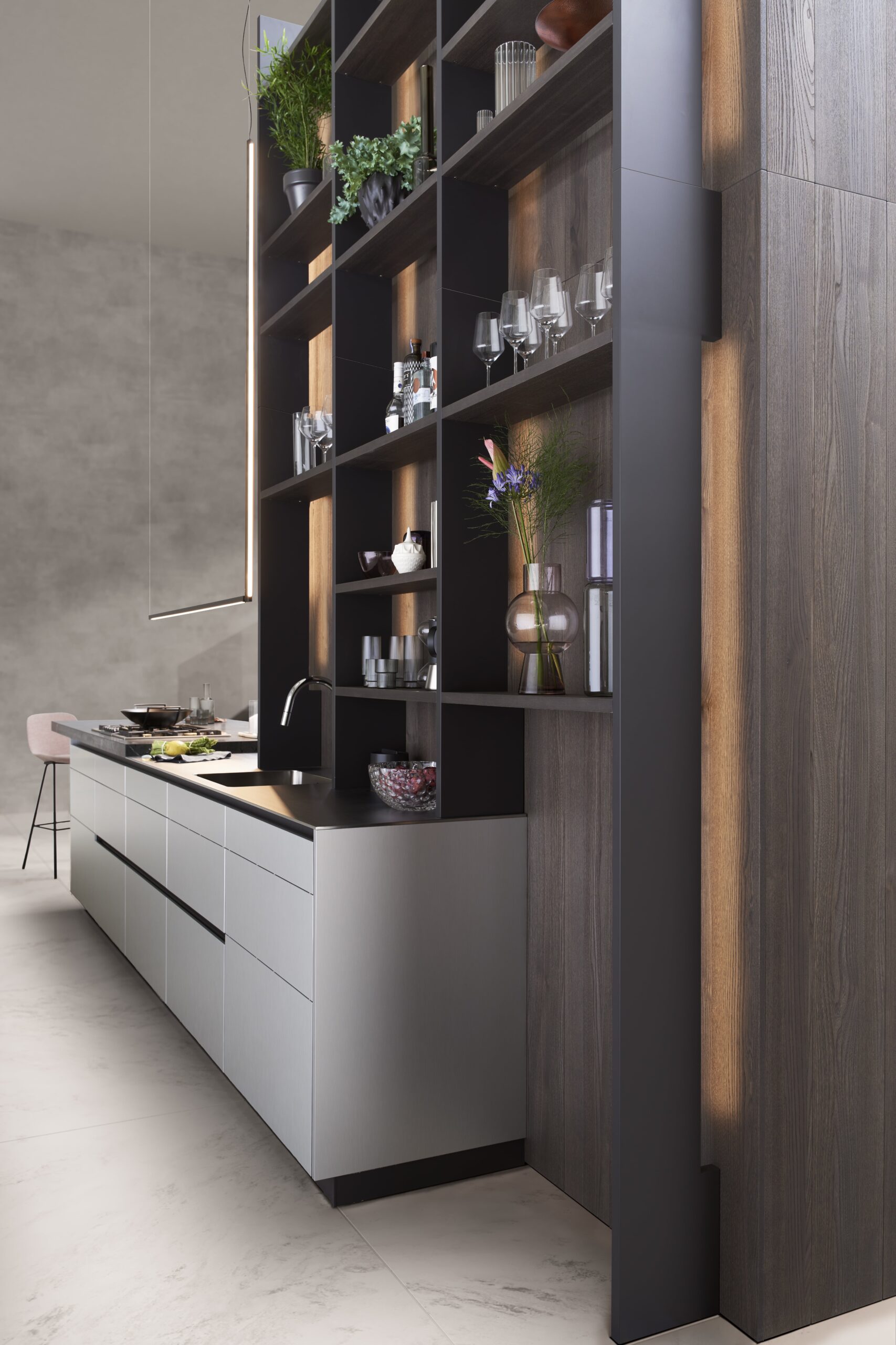 Designregal mit LED-Beleuchtung als Gestaltungselement in moderner Küche