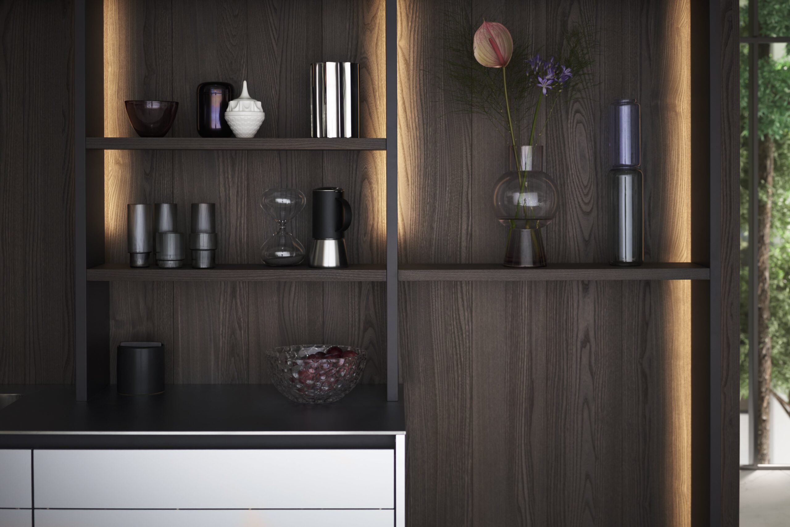 Offenes Regalsystem mit indirekter LED-Beleuchtung und schwebender Optik in moderner Küche