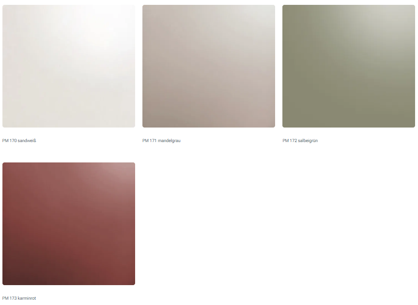 Farbpalette der Kollektion VELA mit Glasacryl-Küchenfronten in sandweiß, mandelgrau, salbeigrün und karminrot