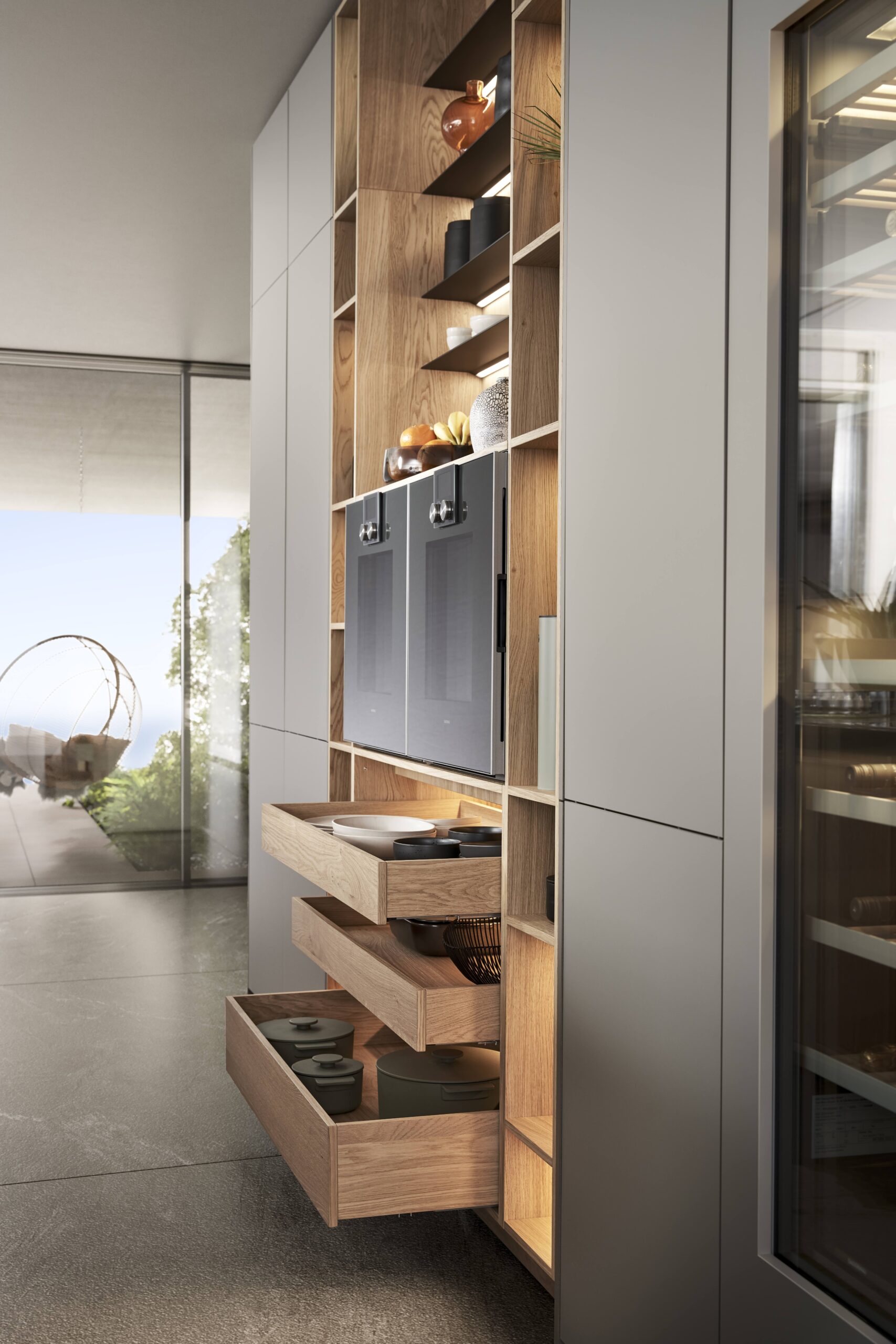 Moderne Küche TOKYO mit Holzfront und filigraner Linienstruktur