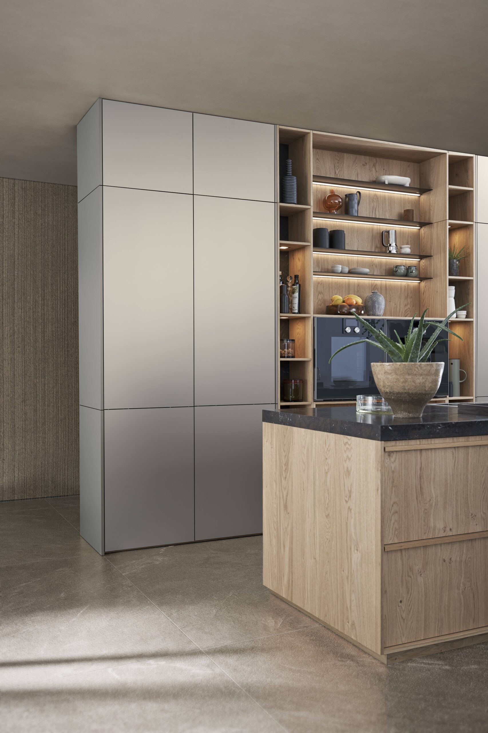 Designküche TOKYO mit Echtholzfront und durchgehender vertikaler Maserung