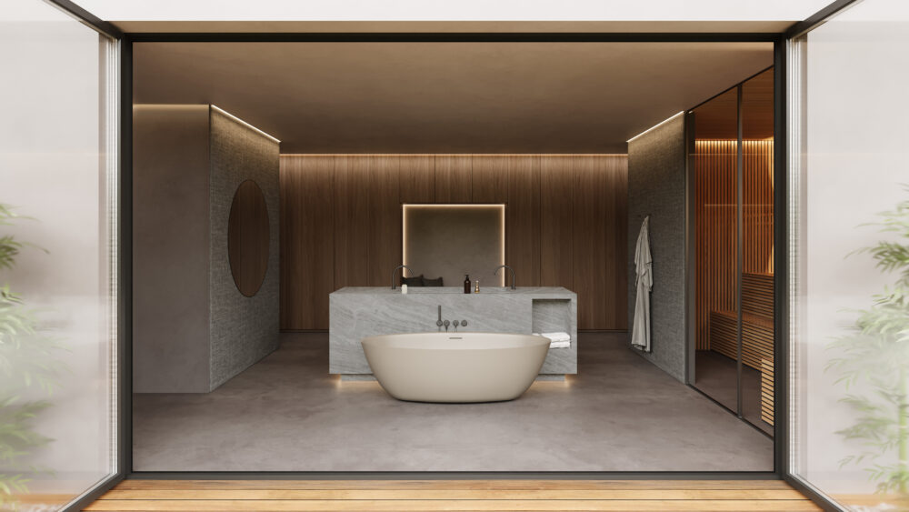Modernes Badezimmer mit freistehender Badewanne, ovalem Waschtisch und organischen Formen